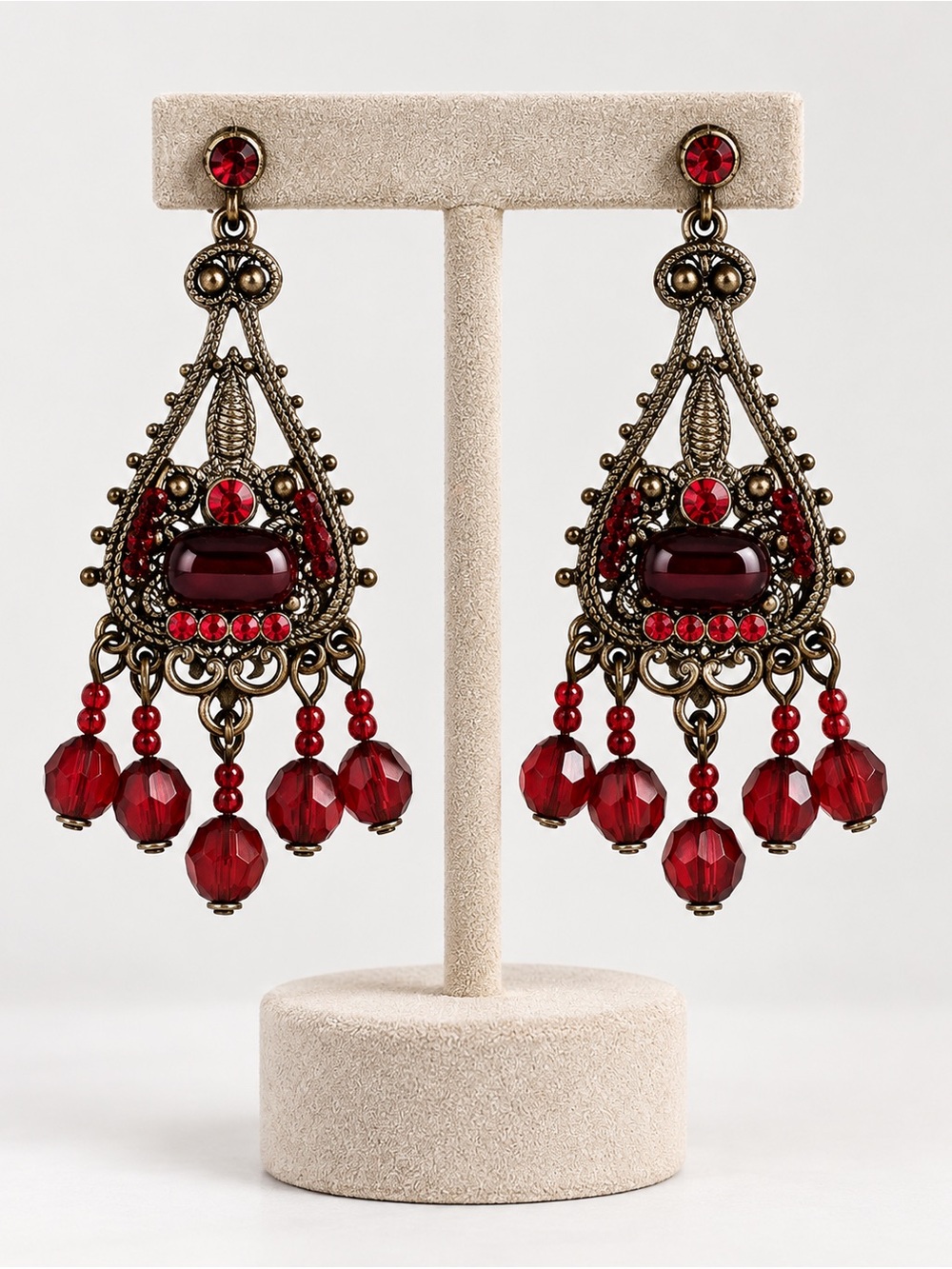 Antique Bronze Red Crystal Filigree Chandelier Statement Earrings Dangle Drops